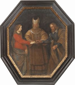 Scuola emiliana del XVII secolo - Sposalizio della Vergine e Madonna col Bambino e due Santi francescani