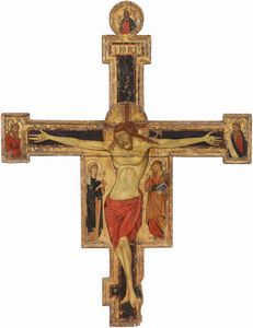 Scuola toscana fine XIII - inizio XIV secolo - Crocifisso - Christus Patiens, Madonna e San Giovanni dolenti