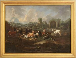 Philip Peter Roos, detto Rosa da Tivoli (attr. a) - Paesaggio con pastore e armenti sullo sfondo di rovine e Paesaggio con pastore e armenti e una torre