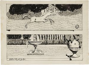 Umberto Brunelleschi - Foglio con due scene: Centauro e Giardino con fontana