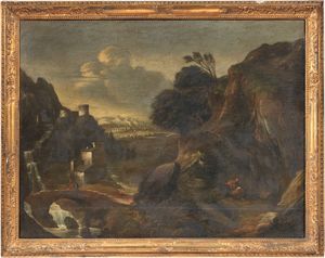 Scuola emiliana fine XVII secolo - Paesaggio con eremita