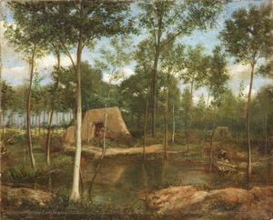 Serafino De Tivoli - Paesaggio boschivo con capanno e lavandaia al torrente