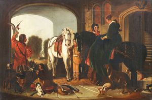 Scuola inglese del XX secolo - Preparativi per la caccia al falco (Falconeria)