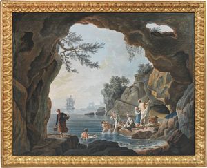 Scuola francese del XIX secolo - Veduta marina con bagnanti