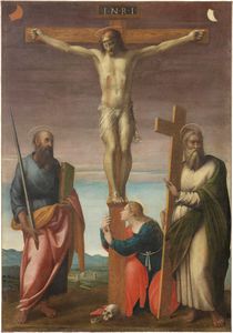 Scuola toscana fine XVI secolo - Crocifissione con i Santi Pietro, Paolo e Maria Maddalena