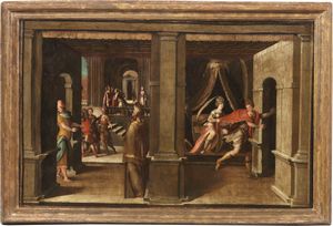 Ignoto pittore tardomanierista del XVII secolo - Giuseppe tentato dalla moglie di Putifarre e Giuseppe venduto dai fratelli