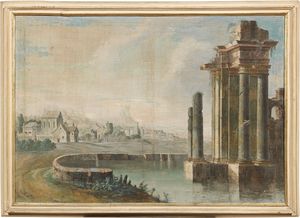 Scuola veneta del XVIII secolo - Paesaggio con rovine architettoniche e villaggio sullo sfondo