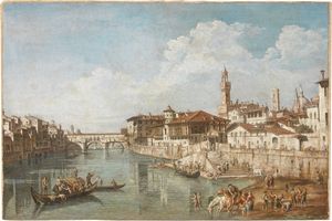 Ignoto del XIX secolo - Veduta dell'Arno dal Ponte alle Grazie verso il Ponte Vecchio