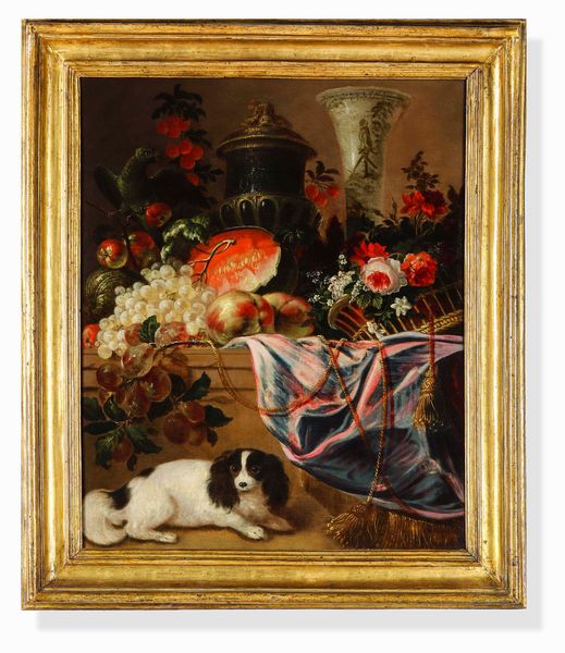 Scuola del XVIII secolo Natura morta con frutti, cestino di fiori, cagnolino e pappagallo  - Asta Dimore italiane - Associazione Nazionale - Case d'Asta italiane