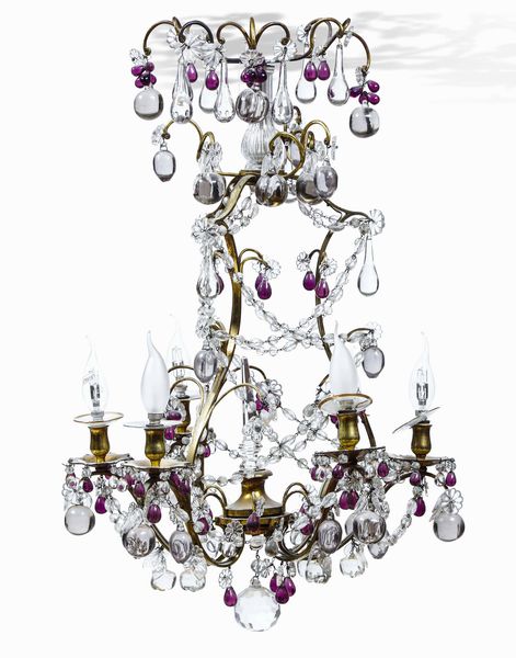 Lampadario a sei luci in metallo e vetri incolori e vetri colorati. XIX-XX secolo  - Asta Dimore italiane - Associazione Nazionale - Case d'Asta italiane