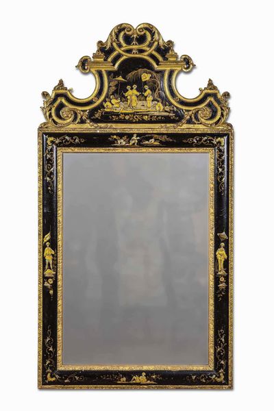 Specchiera in legno ebanizzato, dorato e dipinto a chinoiserie, Inghilterra XVIII secolo  - Asta Dimore italiane - Associazione Nazionale - Case d'Asta italiane