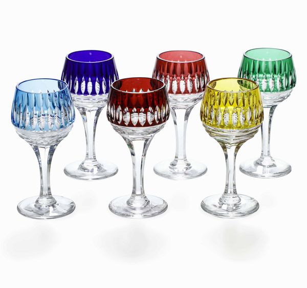 Sei bicchierini da liquore in cristallo con calice di diverso colore, manifattura Masini Firenze  - Asta Dimore italiane - Associazione Nazionale - Case d'Asta italiane