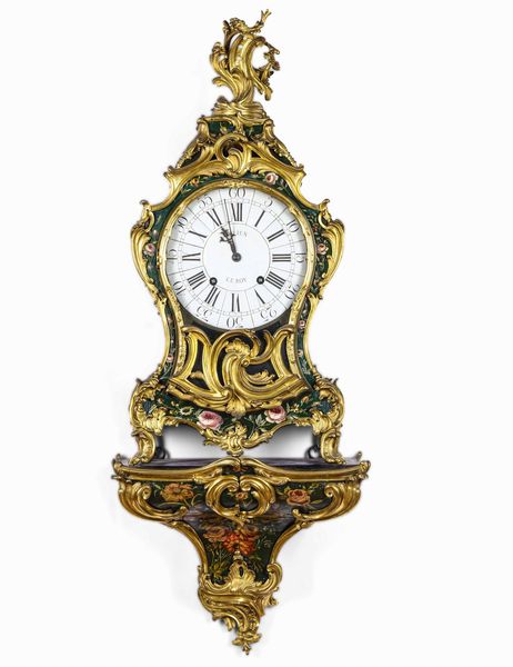 Pendola Cartel da parete laccato e dipinto a fondo verde, Francia (Parigi), Julien Le Roy, XVIII secolo  - Asta Dimore italiane - Associazione Nazionale - Case d'Asta italiane