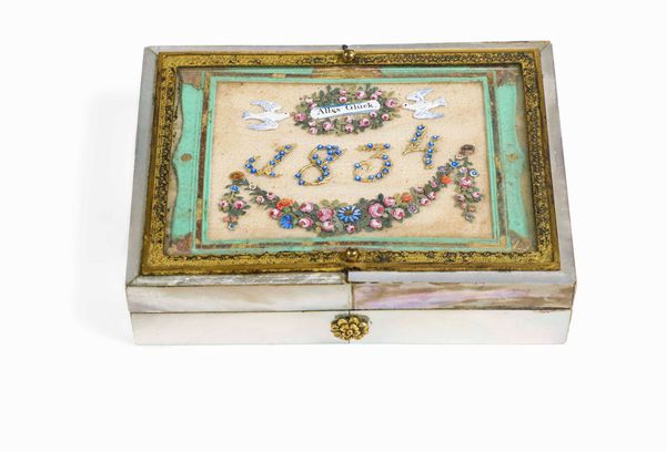 Scatola benaugurale per lanno 1834. Vetro dipinto, bronzo dorato e madreperla. Germania o Austria XIX secolo  - Asta Dimore italiane - Associazione Nazionale - Case d'Asta italiane