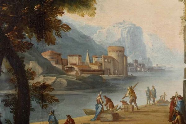 Scuola del XVIII secolo Paesaggio con rovine e figure in riva a un fiume  - Asta Dimore italiane - Associazione Nazionale - Case d'Asta italiane