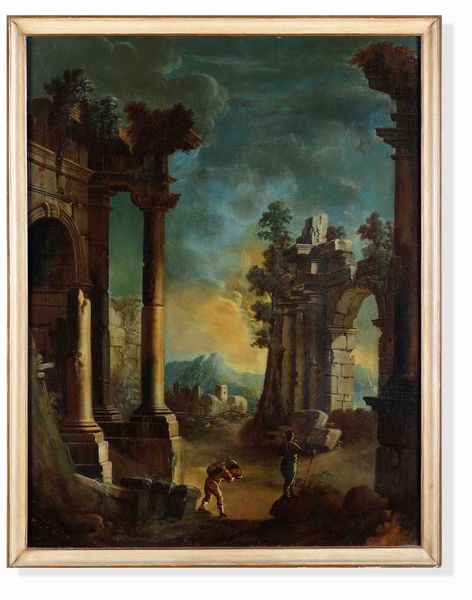 Scuola emiliana del XVIII secolo Capriccio con rovine classiche e figure  - Asta Dimore italiane - Associazione Nazionale - Case d'Asta italiane