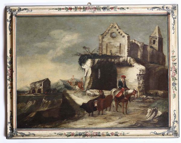 Antonio Travi detto il Sestri, Attribuito a : Paesaggio con rovine, contadini e pastori  - Asta Dimore italiane - Associazione Nazionale - Case d'Asta italiane
