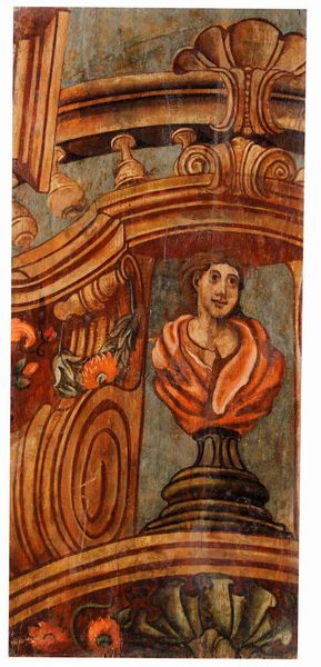 Quinta architettonica e edicola con Madonna con Bambino, boiserie in legno dipinto. Arte barocca italiana del XVIII secolo  - Asta Dimore italiane - Associazione Nazionale - Case d'Asta italiane