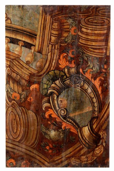 Quinta architettonica e edicola con Madonna con Bambino, boiserie in legno dipinto. Arte barocca italiana del XVIII secolo  - Asta Dimore italiane - Associazione Nazionale - Case d'Asta italiane