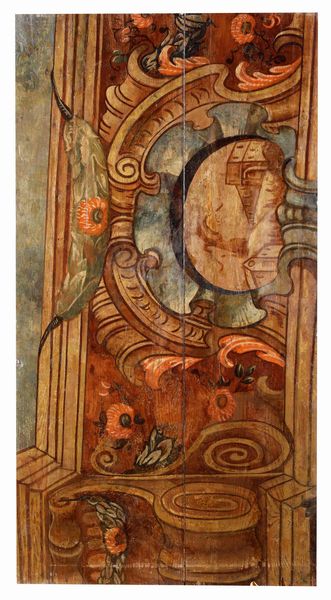 Quinta architettonica e edicola con Madonna con Bambino, boiserie in legno dipinto. Arte barocca italiana del XVIII secolo  - Asta Dimore italiane - Associazione Nazionale - Case d'Asta italiane