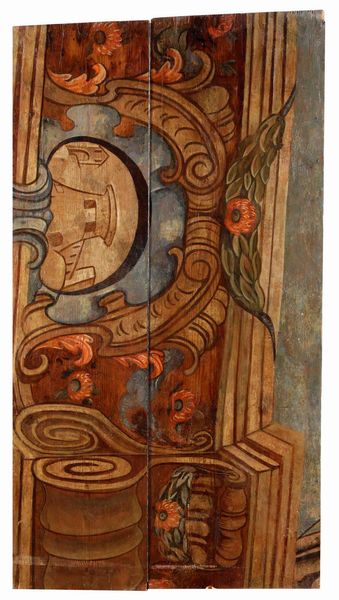 Quinta architettonica e edicola con Madonna con Bambino, boiserie in legno dipinto. Arte barocca italiana del XVIII secolo  - Asta Dimore italiane - Associazione Nazionale - Case d'Asta italiane