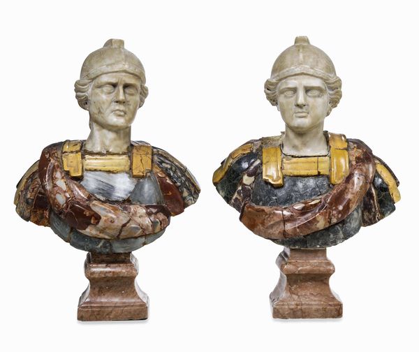 Coppia di busti loricati. Marmo bianco, peperino e marmi colorati. Probabile XVIII secolo  - Asta Dimore italiane - Associazione Nazionale - Case d'Asta italiane