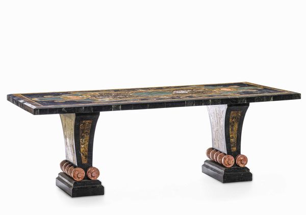 Tavolo in legno lastronato in marmi colorati. XIX-XX secolo  - Asta Dimore italiane - Associazione Nazionale - Case d'Asta italiane