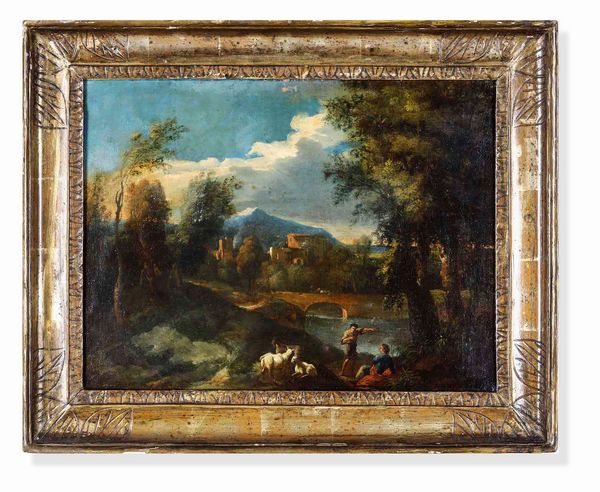 Scuola del XVII-XVIII secolo Paesaggi fluviali con figure  - Asta Dimore italiane - Associazione Nazionale - Case d'Asta italiane
