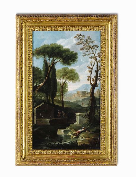 Scuola del XVIII secolo Veduta con figure alla fonte e rovine  - Asta Dimore italiane - Associazione Nazionale - Case d'Asta italiane