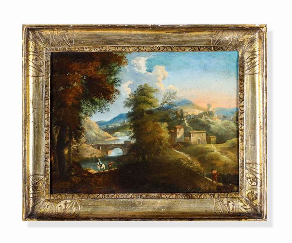 Scuola del XVII-XVIII secolo Paesaggi fluviali con figure  - Asta Dimore italiane - Associazione Nazionale - Case d'Asta italiane