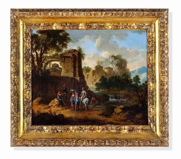 Scuola del XVII-XVIII secolo Paesaggio fluviale con rovine e contadini  - Asta Dimore italiane - Associazione Nazionale - Case d'Asta italiane