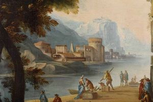 Scuola del XVIII secolo Paesaggio con rovine e figure in riva a un fiume  - Asta Dimore italiane - Associazione Nazionale - Case d'Asta italiane