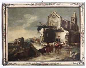 Antonio Travi detto il Sestri, Attribuito a - Paesaggio con rovine, contadini e pastori