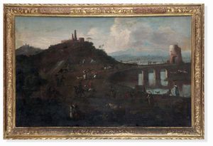 Christian Reder detto Monsù Leandro - Paesaggio con personaggi in riva al fiume e cittadella sullo sfondo