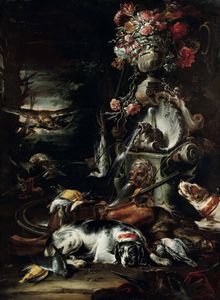 Gaetano Cusati - Natura morta con cacciagione su sfondo di giardino