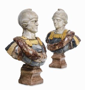 Coppia di busti loricati. Marmo bianco, peperino e marmi colorati. Probabile XVIII secolo  - Asta Dimore italiane - Associazione Nazionale - Case d'Asta italiane