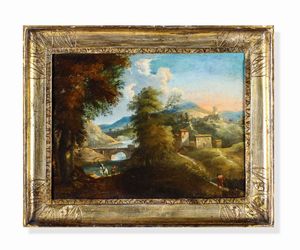 Scuola del XVII-XVIII secolo Paesaggi fluviali con figure  - Asta Dimore italiane - Associazione Nazionale - Case d'Asta italiane