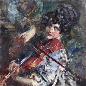 Vincenzo Irolli : Senza titolo (donna con violino)  - Asta Arte Moderna e Contemporanea - Associazione Nazionale - Case d'Asta italiane
