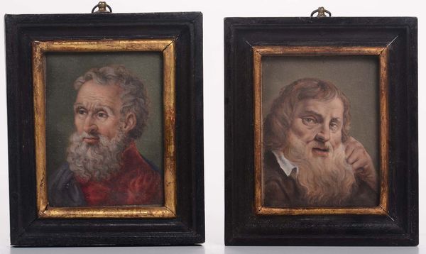 Coppia di ritratti su pergamena raffiguranti volti di vecchi canuti, Italia XVIII secolo  - Asta Dipinti Antichi - Associazione Nazionale - Case d'Asta italiane