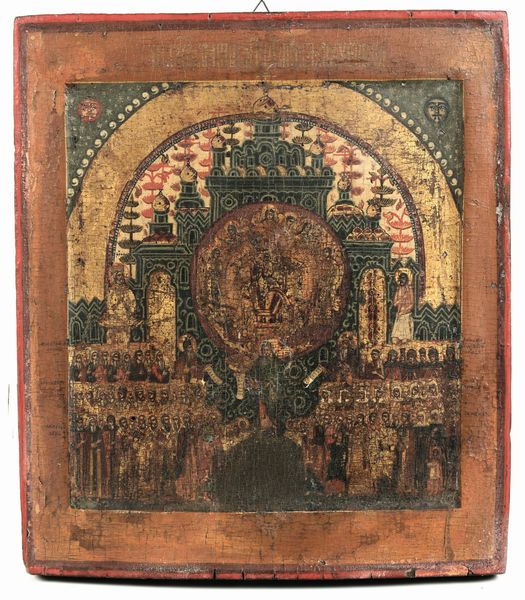 Icona rappresentante la protezione o intercessione della Vergine Pokrov. Scuola di Palech, Russia, seconda met� del XVIII secolo  - Asta Dipinti Antichi - Associazione Nazionale - Case d'Asta italiane