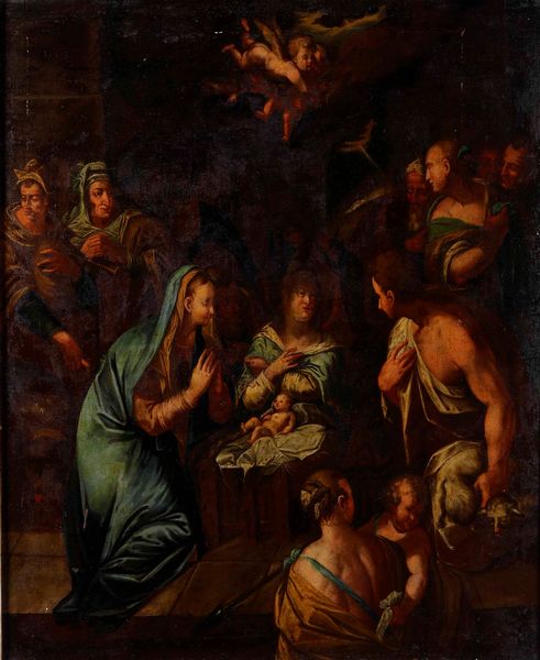 Scuola napoletana del XVII secolo Adorazione dei pastori  - Asta Dipinti Antichi - Associazione Nazionale - Case d'Asta italiane