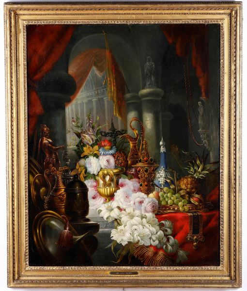 Scuola inglese del XIX secolo Natura in posa con fiori, frutti e porcellane  - Asta Dipinti Antichi - Associazione Nazionale - Case d'Asta italiane