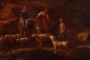 Antonio Travi detto il Sestri, Cerchia di : Paesaggio con rovine e contadini  - Asta Dipinti Antichi - Associazione Nazionale - Case d'Asta italiane