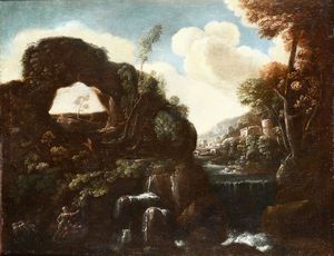 Scuola italiana del XVIII secolo Paesaggi fluviali con architetture e figure  - Asta Dipinti Antichi - Associazione Nazionale - Case d'Asta italiane