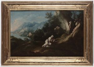 Scuola veneta del XVIII secolo Paesaggio con eremita  - Asta Dipinti Antichi - Associazione Nazionale - Case d'Asta italiane