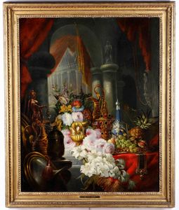 Scuola inglese del XIX secolo Natura in posa con fiori, frutti e porcellane  - Asta Dipinti Antichi - Associazione Nazionale - Case d'Asta italiane