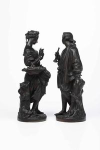 Fonditore d�oltralpe (Francia ?) del XIX secolo Coppia di pastorelli  - Asta Scultura del XIX e XX secolo - Associazione Nazionale - Case d'Asta italiane