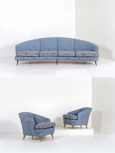 I.S.A - Salotto composto da un divano curvo e due poltrone, imbottitura rivestita in tessuto, coniche in ottone brunito.Anni  [..]