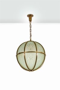 ARREDOLUCE - Lampada a sospensione in vetro molato con struttura in ottone.Anni '50h cm 93