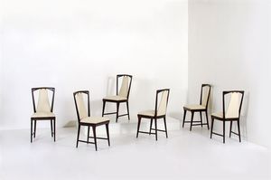 BORSANI OSVALDO - Sei sedie in legno di mogano e ottone, imbottitura rivestita in skai. Prod. Atelier Borsani Varedo anni '50cm  [..]